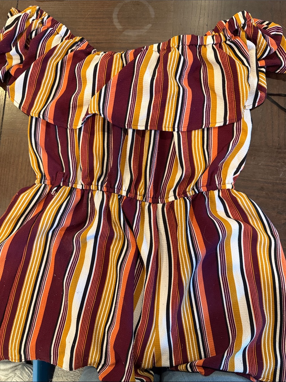 Forever 21 Striped Off-Shoulder Romper in Burgundy, Mustard & White